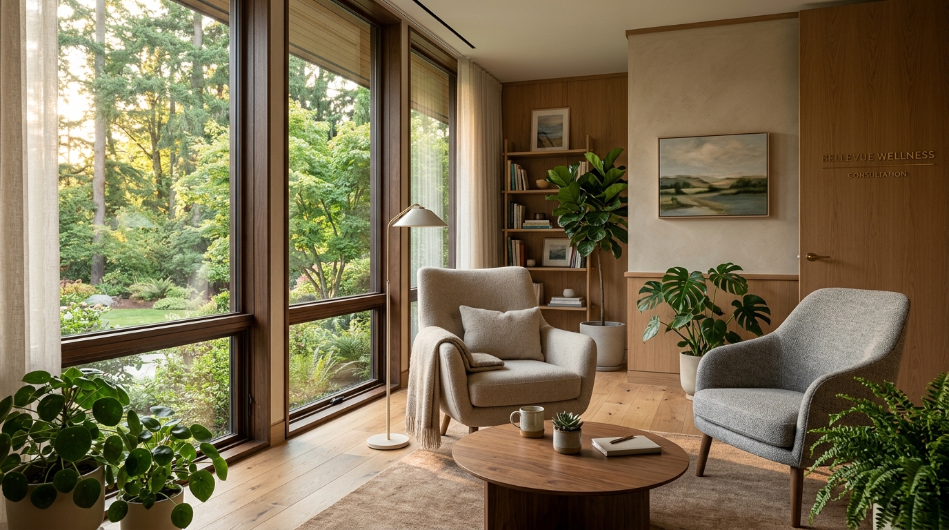 Warm, sunlit private consultation suite at New Dawn Psychiatric Care in Bellevue, Washington