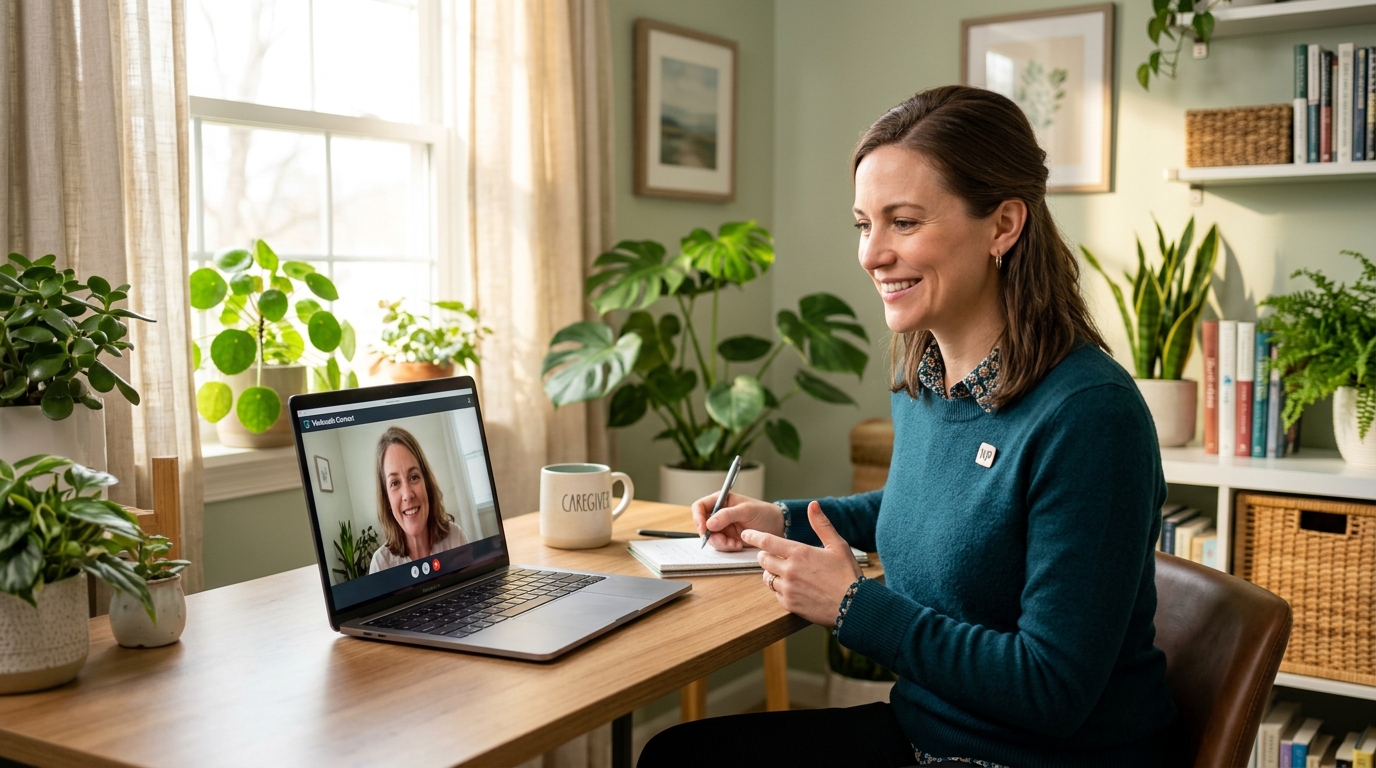 Compassionate psychiatric nurse practitioner conducting a supportive video consultation